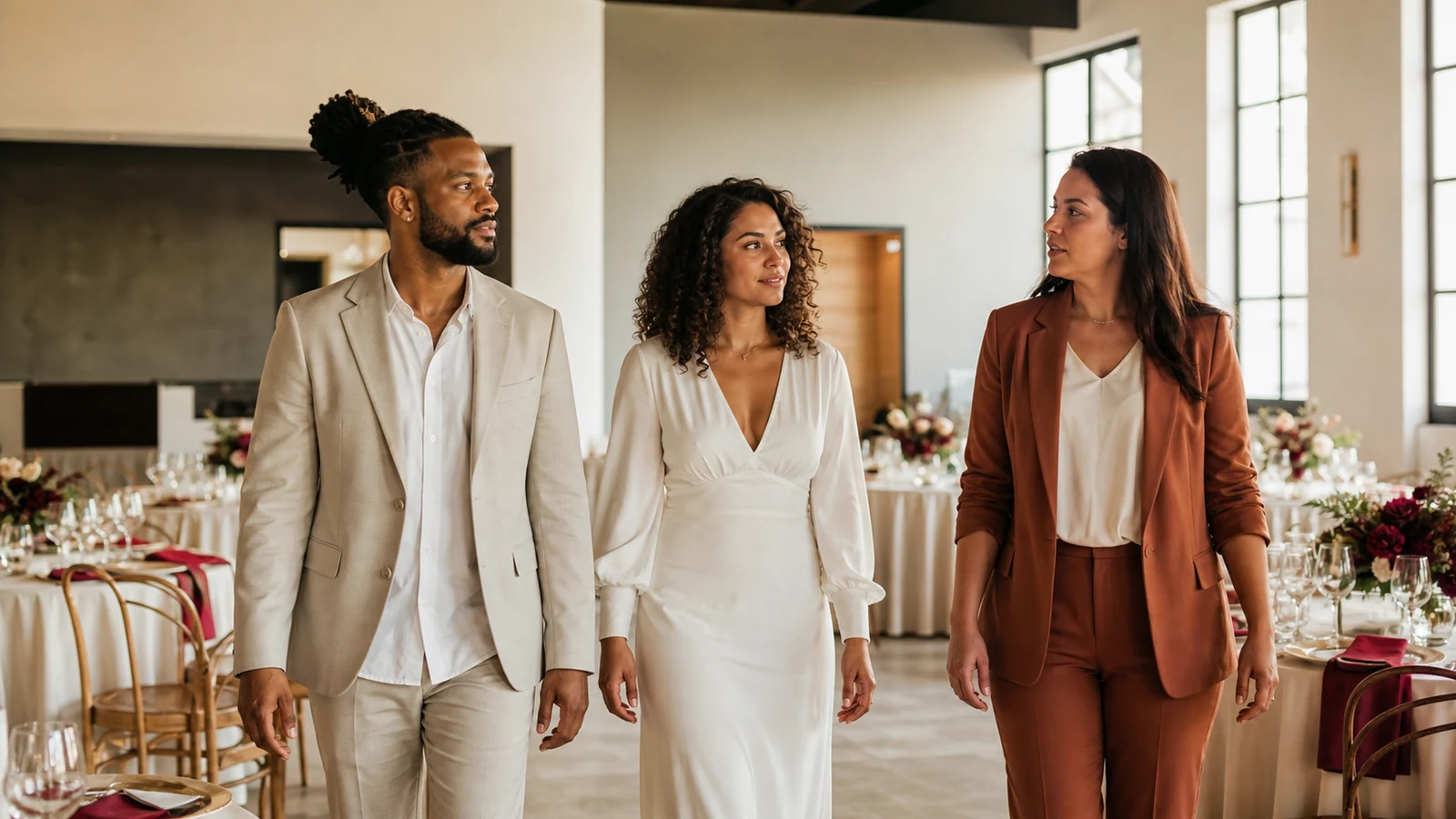 Casal visita um espaço intimista para mini wedding acompanhado por uma coordenadora de eventos