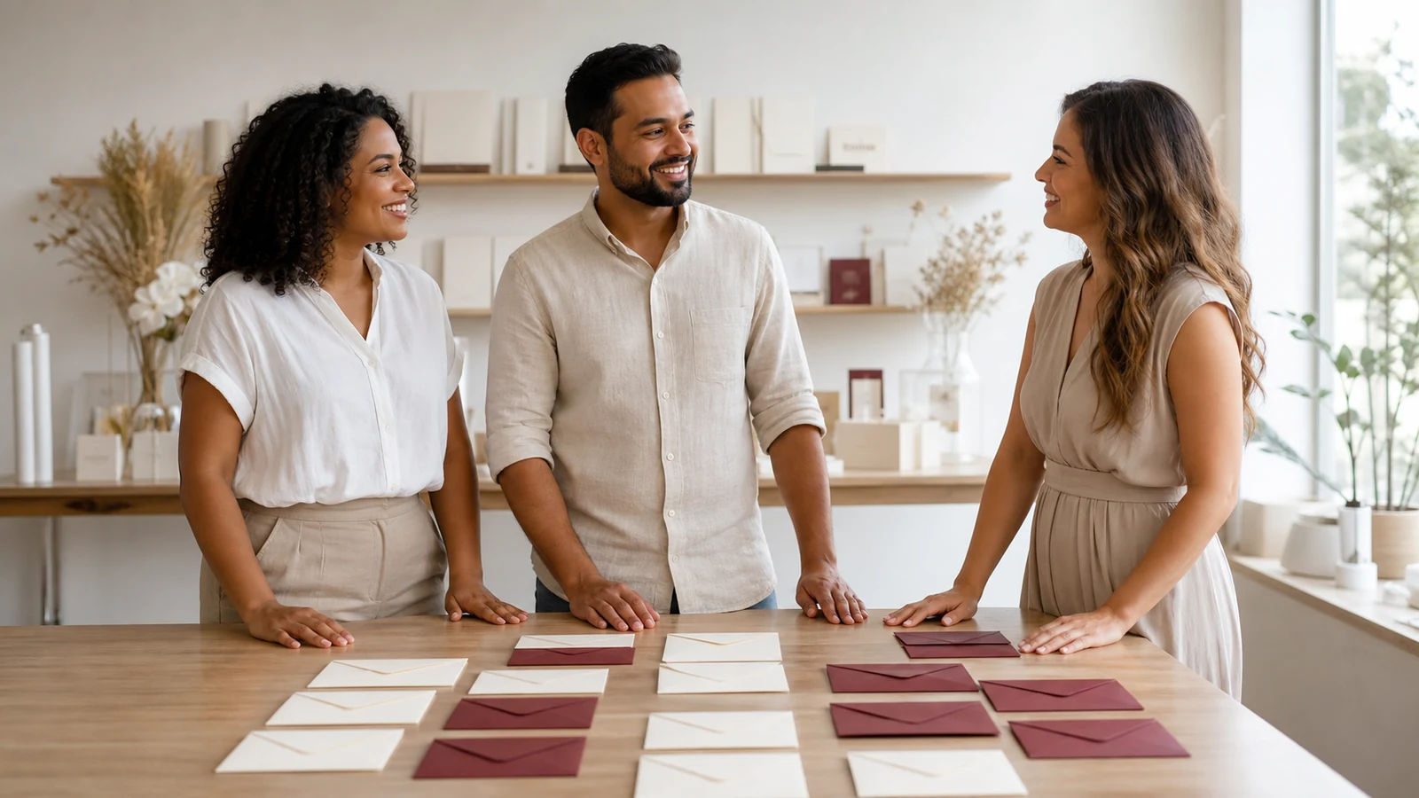 Casal conversa com uma designer diante de conjuntos organizados de convites de casamento