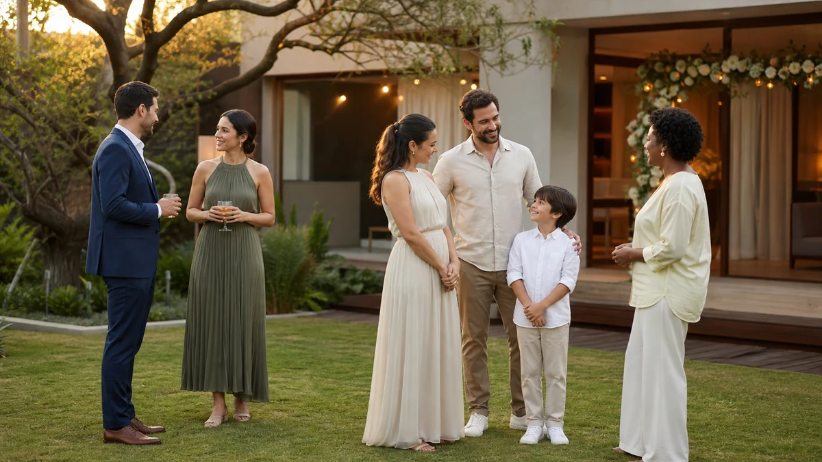 Casal anfitrião conversa com diferentes núcleos de convidados em um jardim