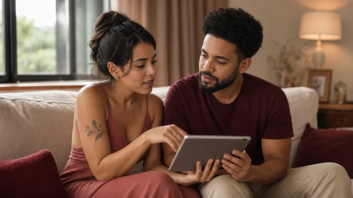 Casal conversa diante de um tablet enquanto decide quem convidar para padrinhos e madrinhas