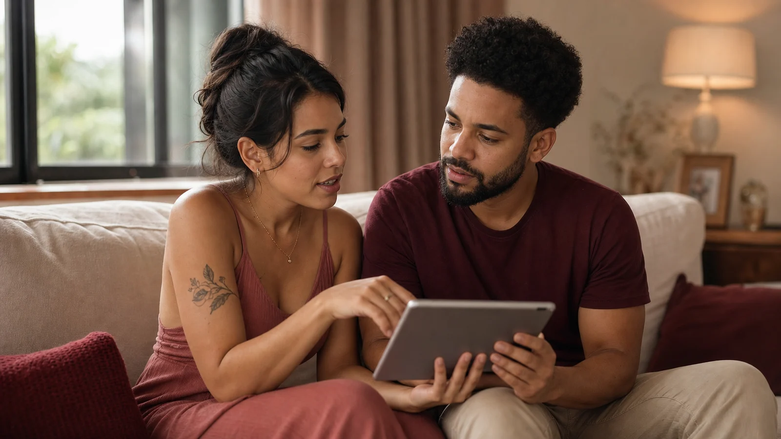 Casal conversa diante de um tablet enquanto decide quem convidar para padrinhos e madrinhas