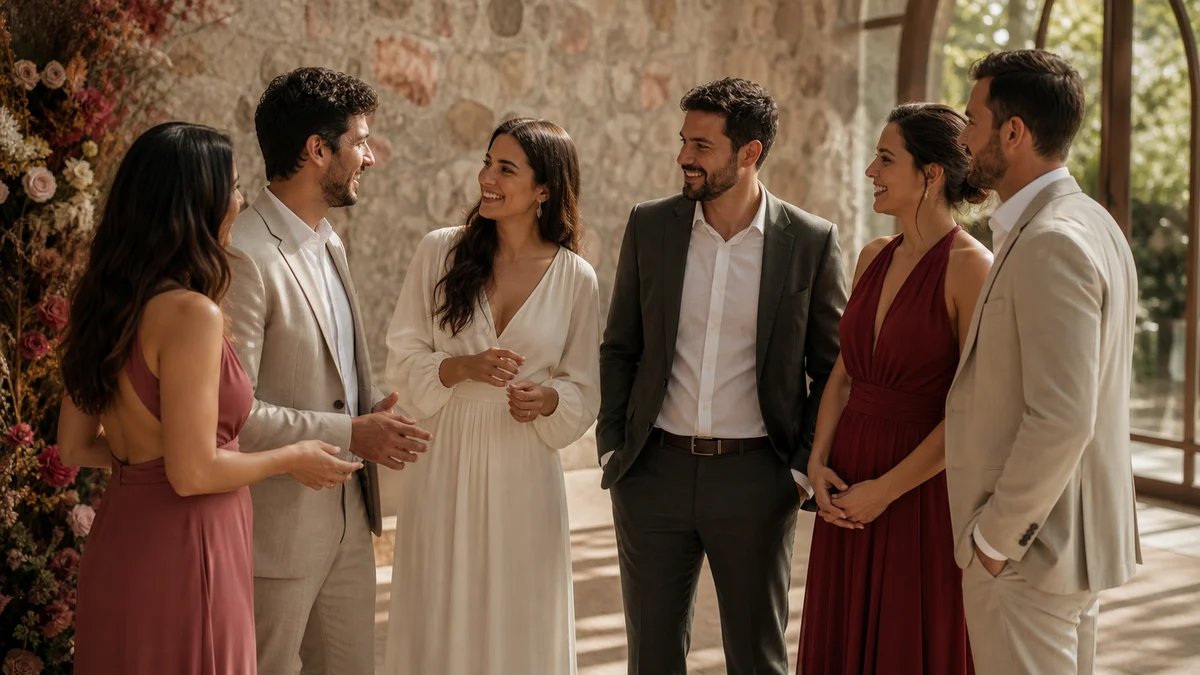 Casal conversa com padrinhos e madrinhas durante uma visita ao espaço da cerimônia